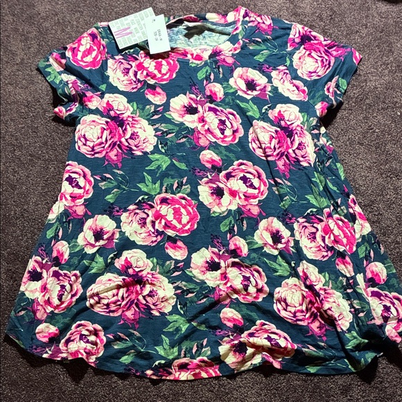 LuLaRoe Tops - LuLaRoe Womans Medium ERIKA Floral Short Sleeve Tee Flair Fit- Pink Green & Blue